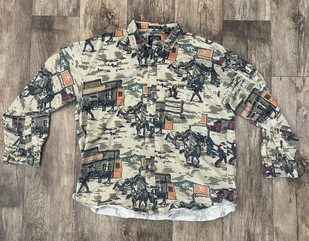 Gant Salty Dog Trapper Twill All Over Tombstone Western Theme Long Sleeve L 90s